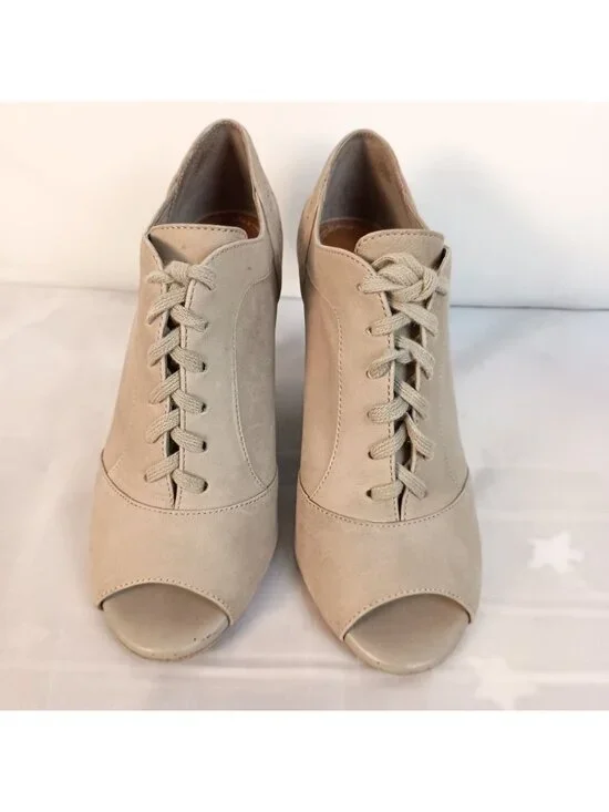 Gianni Bini Tan Leather Peep Toe Wedge Bootie Lace Up Laser Cut Sz 7 - Picture 9 of 10